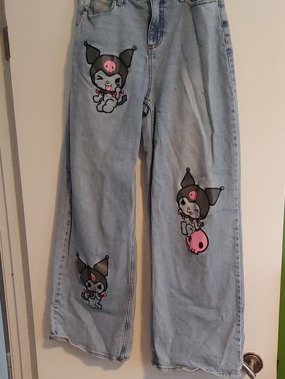 Light Blue Women's Jeans with Pink Character Graphics